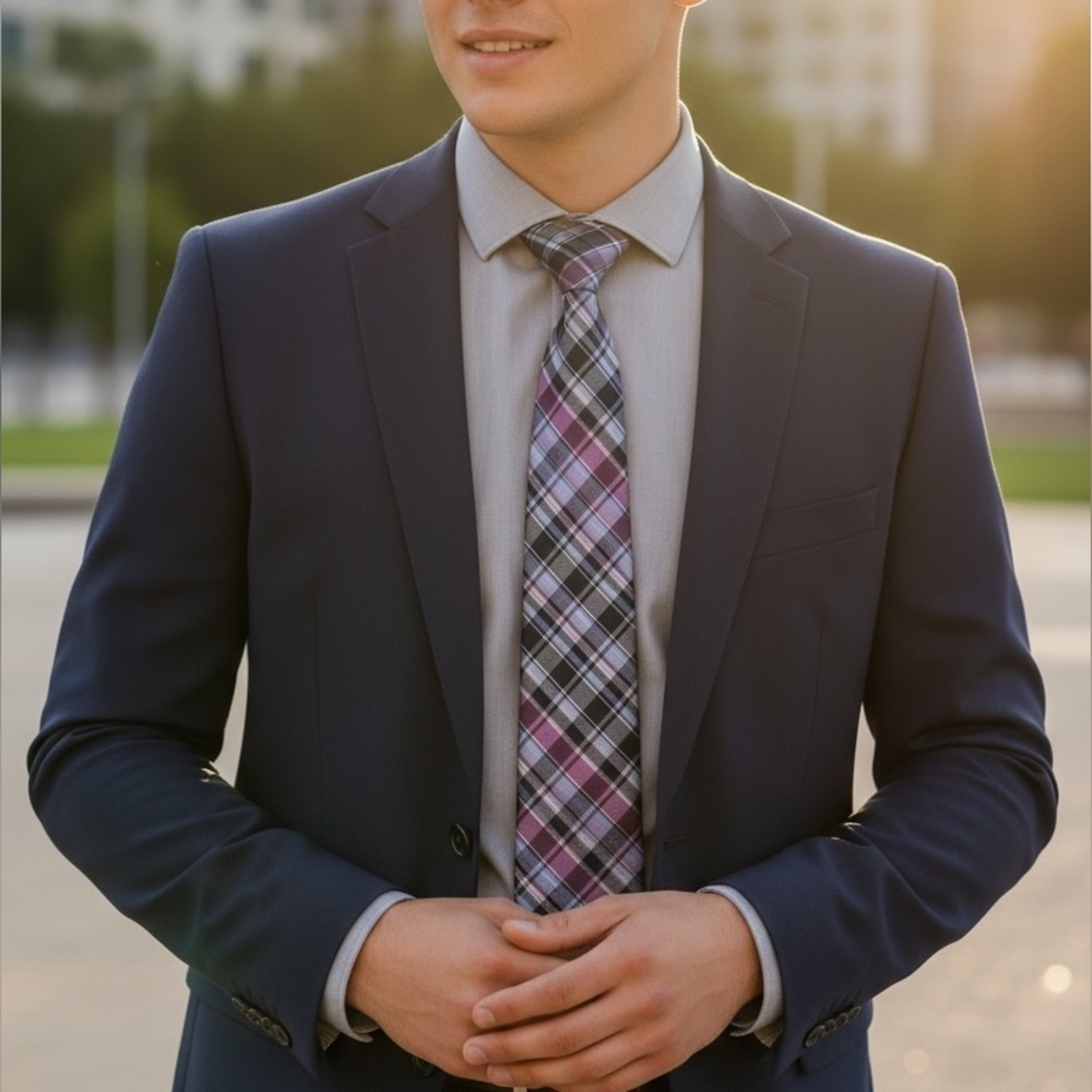 Bruno Pirttelli Men's Silk Neck Tie Purple Blue White Plaid